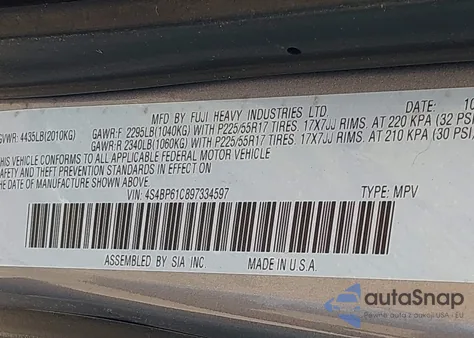 2009 Subaru Outback 2.5I из США, поврежденный, VIN 4S4BP61C897334597